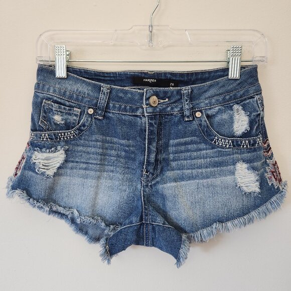 Harper Shorts Women Denim Distressed Low Rise Frayed Embroidered Jeans Size 26 - Picture 1 of 10